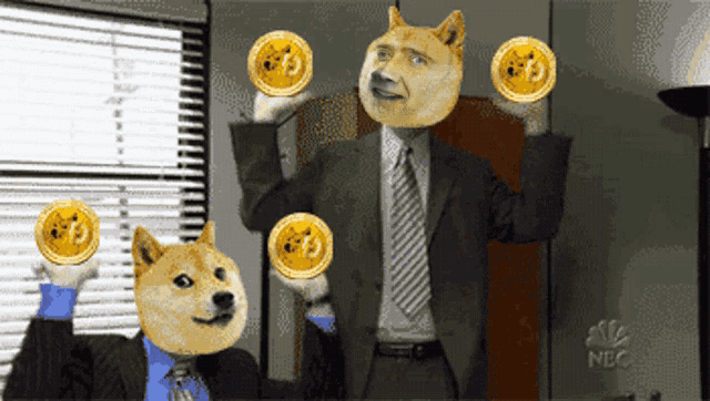 a man in a suit and tie is juggling coins with doge faces