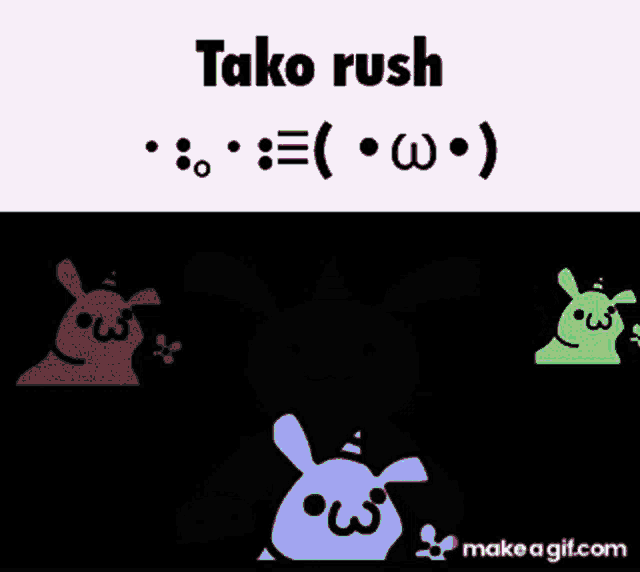 a cartoon of a purple rabbit with a unicorn horn and the words tako rush below it