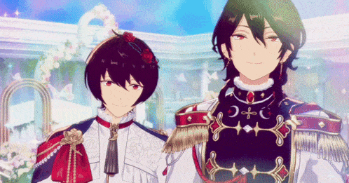 two anime characters standing next to each other with one wearing a red rose in his hair