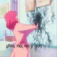 a naked woman is standing in front of a wall that says no no no y no !
