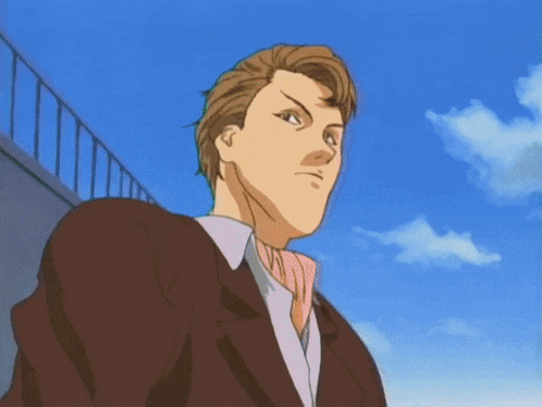a man in a suit and tie stands in front of a blue sky with clouds