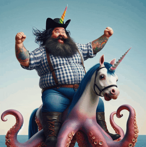 a man with a beard is riding on the back of an octopus unicorn