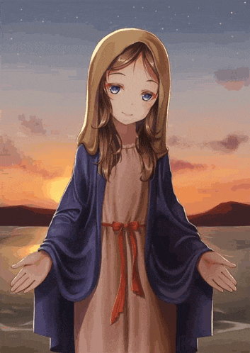 a painting of a little girl in a blue robe with her arms outstretched