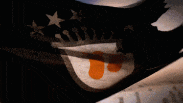 a black flag with a white and orange circle with the letter t on it