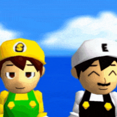 two cartoon characters standing next to each other with one wearing a white hat with the letter e on it