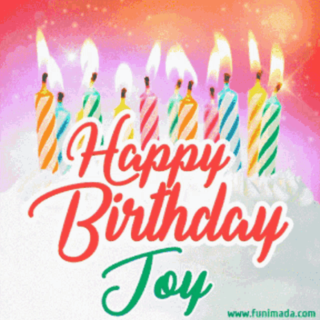 a happy birthday joy greeting with candles on a cake