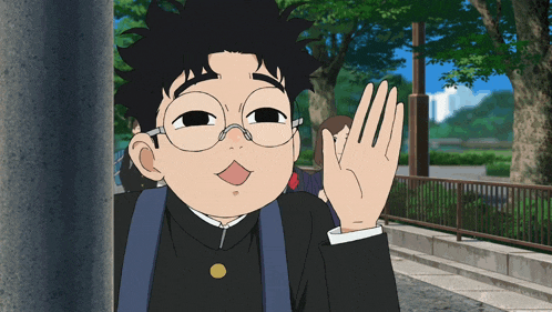 a cartoon character with glasses and a backpack is waving his hand