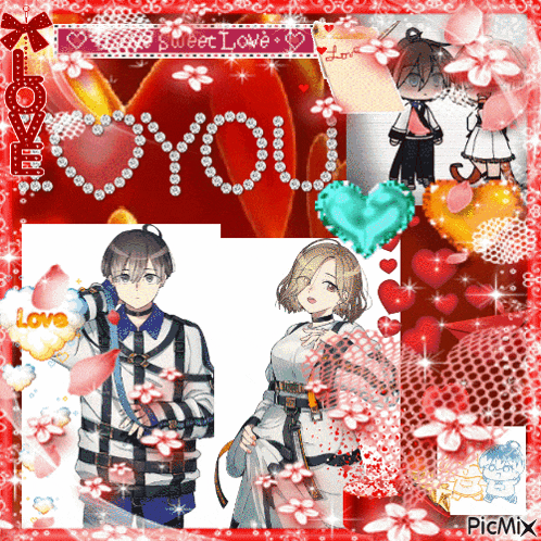 a picture of a boy and a girl with the words sweet love written above them