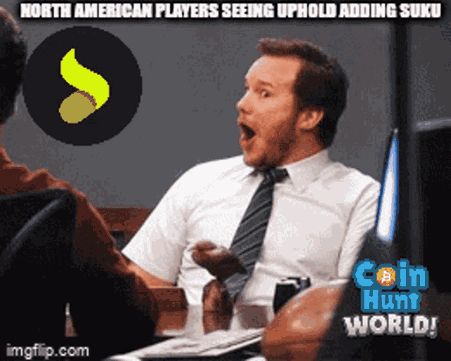 a man in a suit and tie is sitting at a desk with his mouth open in front of a coin hunt world ad