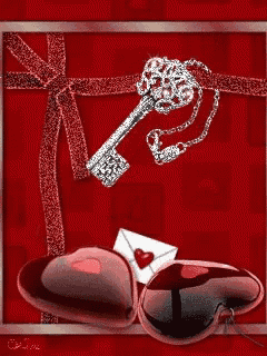 a picture of two hearts with a key and an envelope