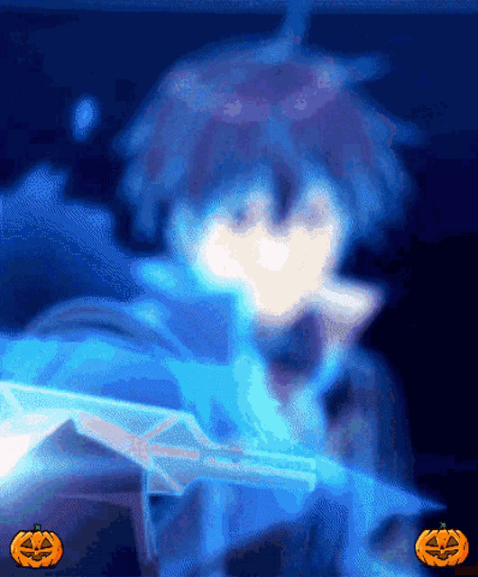 a blurry image of a person holding a sword with two pumpkins in the background