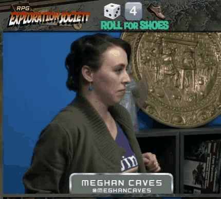 a woman stands in front of a sign that says rpg exploration society roll for shoes