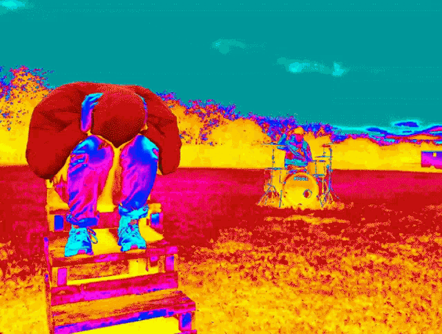 a colorful painting of a person sitting on a bench with their head down