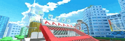 a cartoon drawing of a city with buildings and a red sign that says aaa