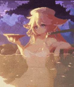 a pixel art of a woman in a bathtub holding a cup