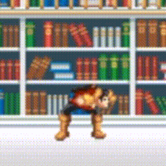 a cartoon character is standing in front of a bookshelf