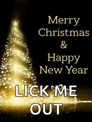 a merry christmas and happy new year greeting card with a gold christmas tree