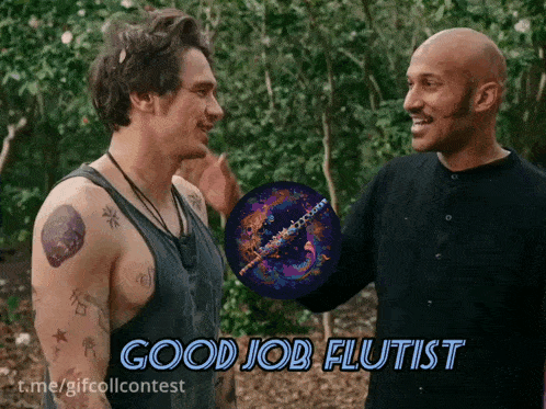a man with a tattoo on his arm talks to another man with a flute in the background