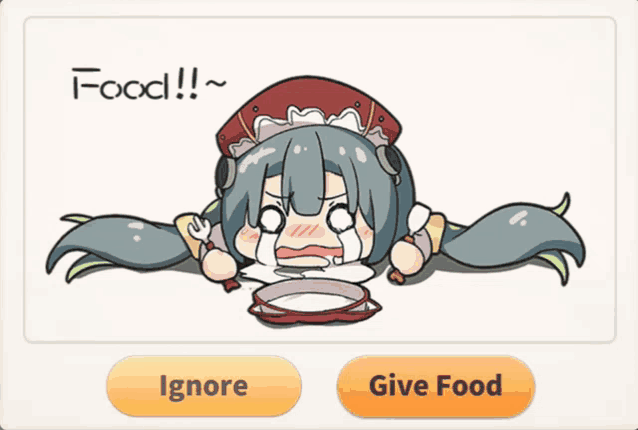 a cartoon of a girl with a plate of food and a button that says " give food "