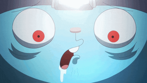 a cartoon drawing of a face with red eyes and a mouth