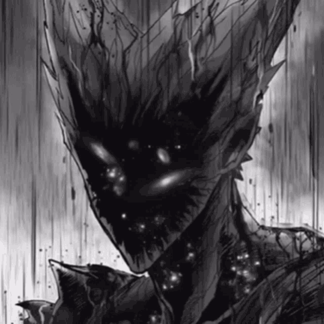 a black and white drawing of a monster with a glowing head