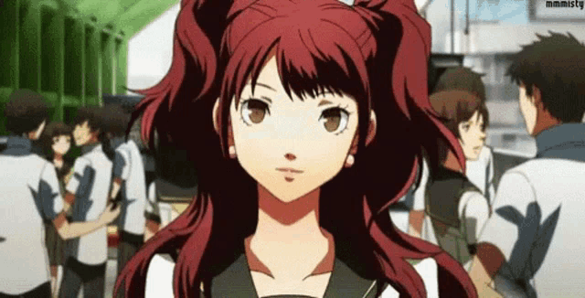 a girl with red hair is standing in a crowd of people