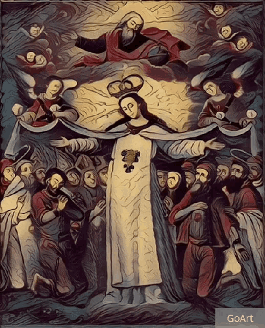a painting of a woman surrounded by people with goart in the bottom right corner