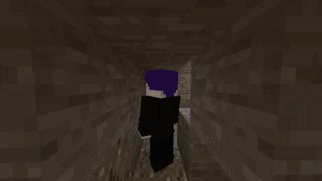 a minecraft character with a purple haircut is standing in a dark tunnel with the words huh behind him