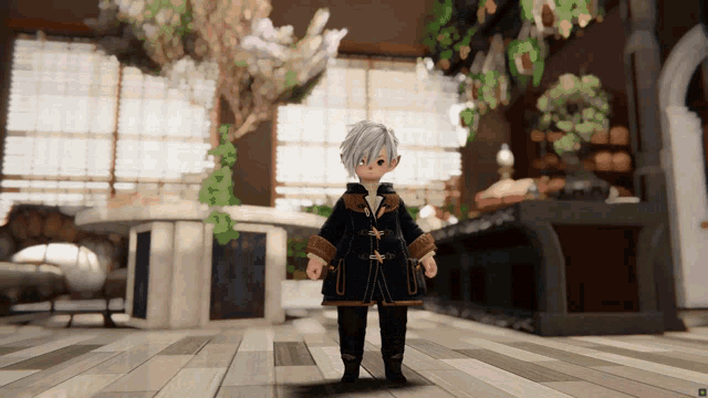 a video game character is standing on a wood floor