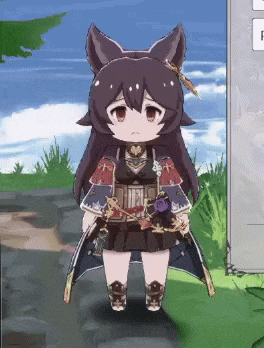 a cartoon girl with a cat ear and a sword