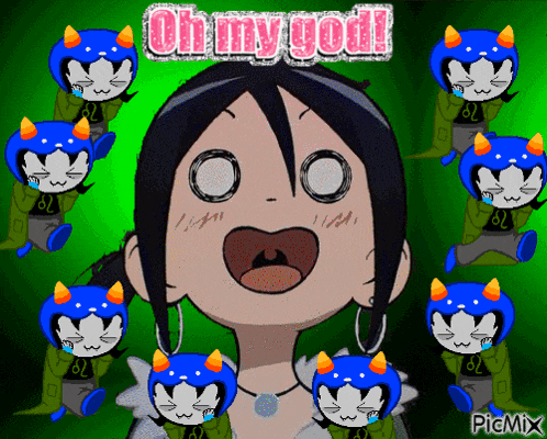 a cartoon of a girl surrounded by blue cats with the words oh my god written above her