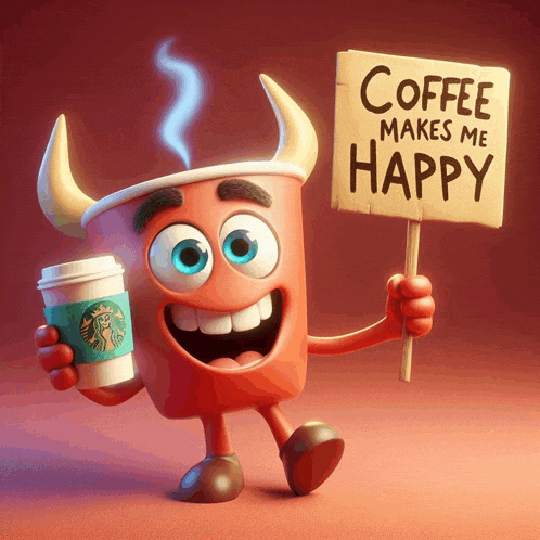 a cartoon character holding a starbucks cup and a sign that says coffee makes me happy