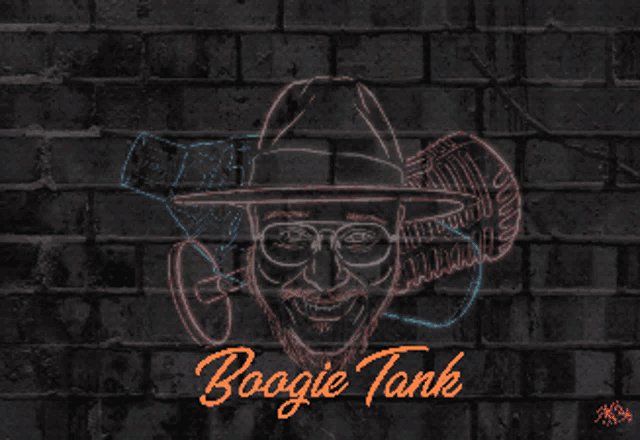 a neon drawing of a man with glasses and a hat