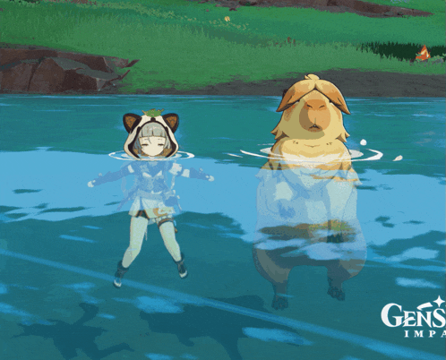 a girl in a cat costume is swimming in a river next to a guinea pig