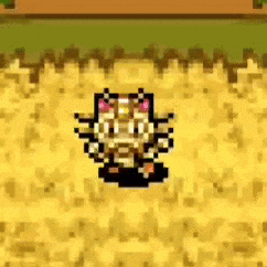 a pixel art of a cat with a bow on its head standing in a field .