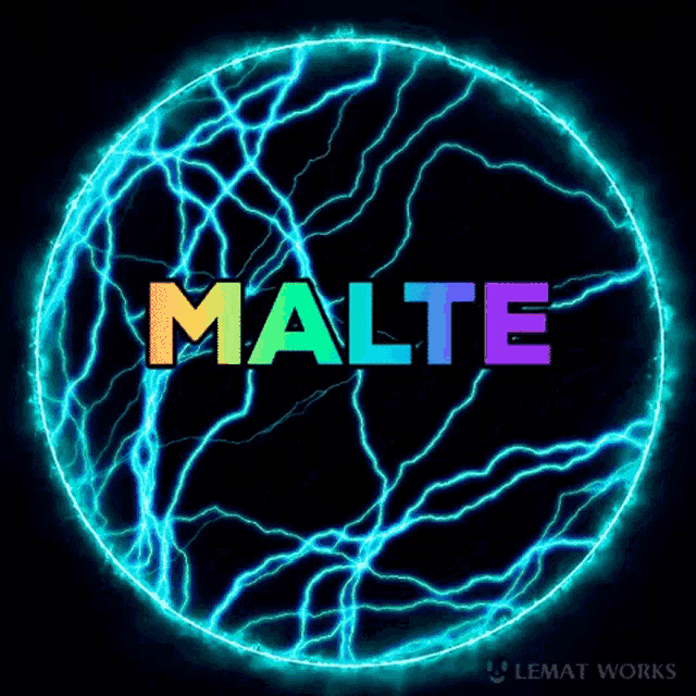 a blue lightning circle with the word malte in the middle