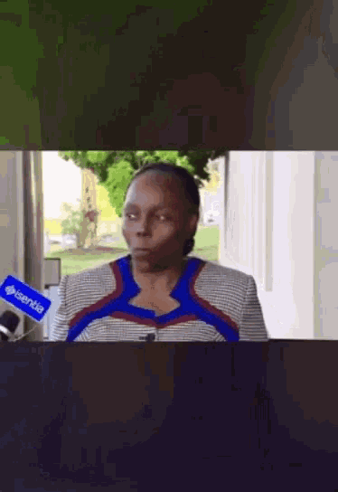 a woman wearing a blue and red striped shirt is talking into a microphone with a sign that says license on it
