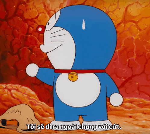 a cartoon character named doraemon is standing in front of a red wall