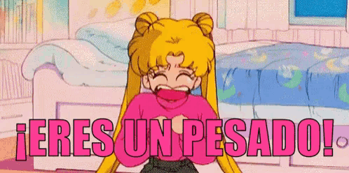 a cartoon of a girl laughing with the words eres un pesado behind her