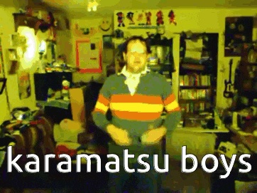 a man is standing in a room with the words karamatsu boys written on the bottom