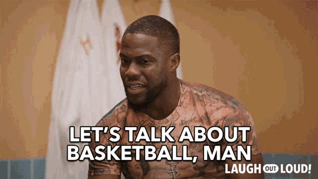 a man with a tattoo on his chest says let 's talk about basketball man laugh out loud