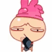 a cartoon character wearing a pink hat and holding a cell phone in his mouth .