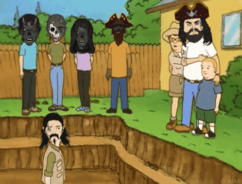 a cartoon of a group of people standing around a hole in the ground with gokule written on the bottom