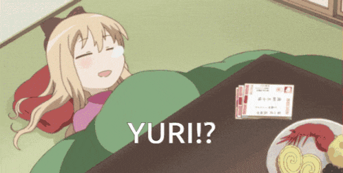 a cartoon girl is laying on a blanket with the word yuri written on the bottom