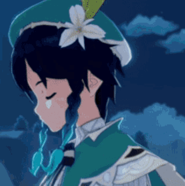 a person wearing a green hat with a white flower on it