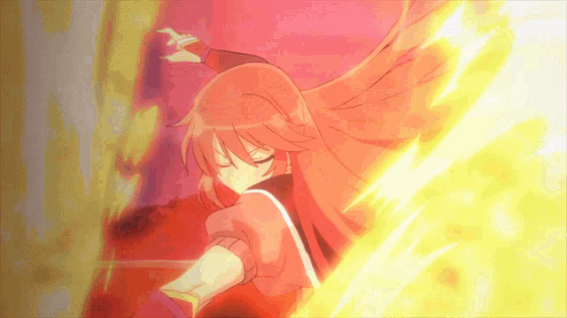 a girl with red hair is surrounded by a flame