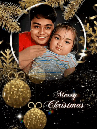 a merry christmas greeting card with a boy and a girl