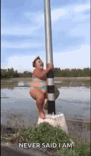 a woman in a bikini is standing on top of a pole in the water .