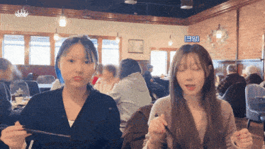 two girls are sitting at a table in a restaurant and one of them has a sign that says ' ea ' on it