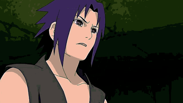 a cartoon character with purple hair and a black shirt